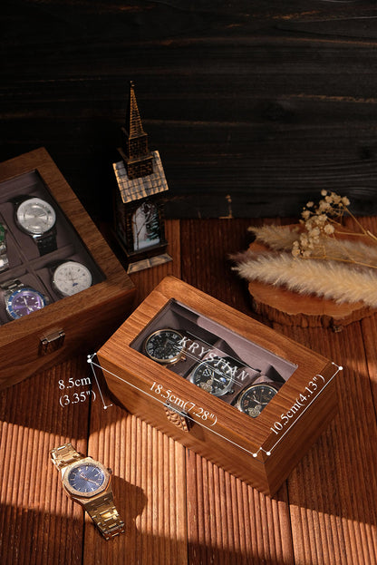 walnut watch box, mens watch organizer,3 slot, 6 slot, wooden watch case, glass top box, wood gift, watch display,gift for him, luxury gift