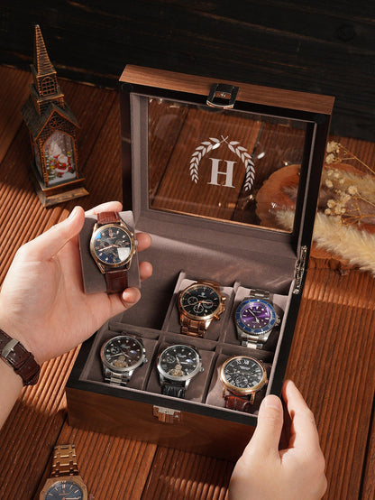 Personalized Walnut Watch Box for Men, 3 or 6 Slot Wooden Watch Organizer with Glass Top, Engraved Gift for Husband Dad