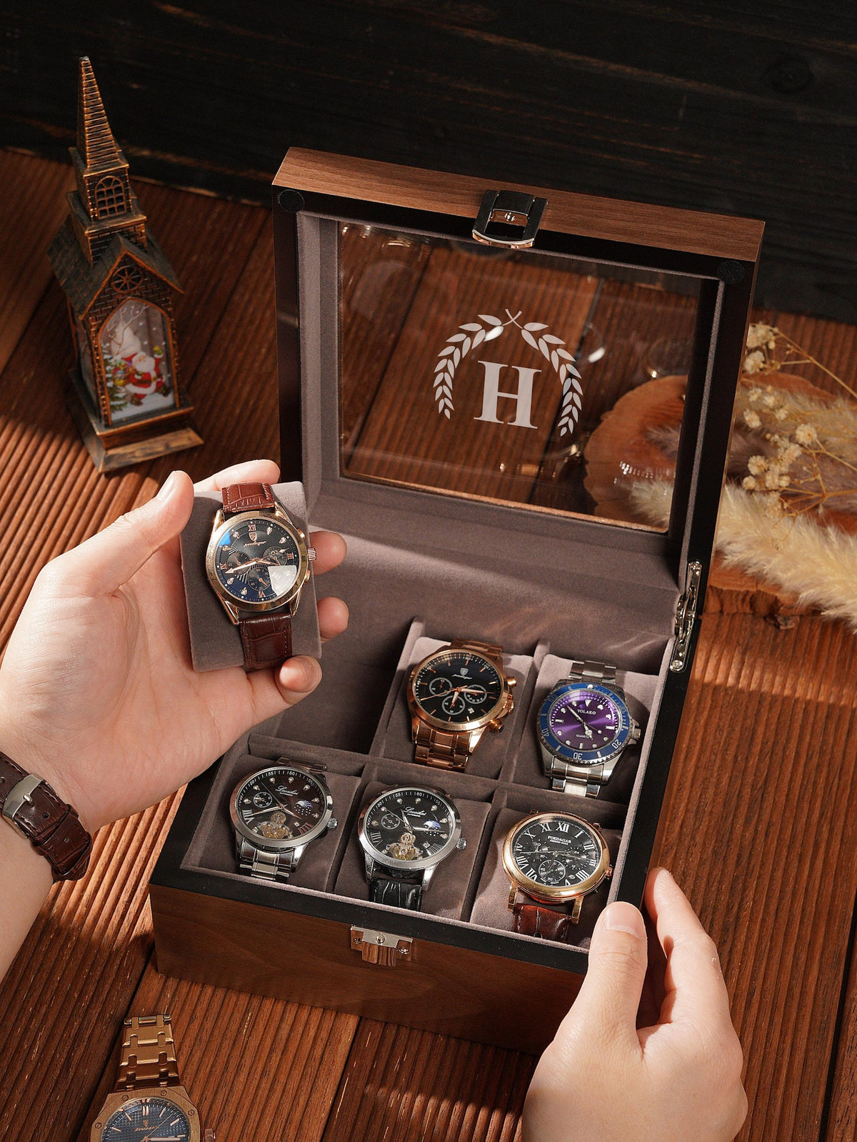 Personalized Watch box, Custom Engraved Watch Box, 6 slot, wooden watch case, glass top box, gift for him,Father's Day Gift For Daddy