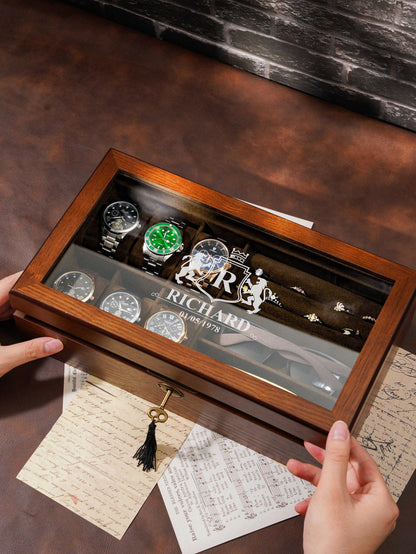 Personalized Wooden Watch Organizer with Lock, Customized Watch Display Case for 6 Watches, Engraved Wooden Watch Case, Watch Box for Men