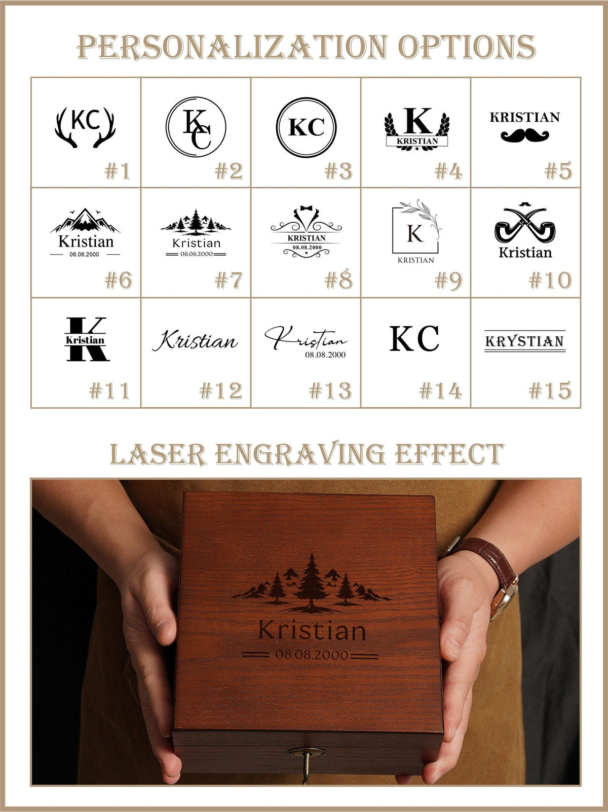Personalized 6-Slot Wooden Watch Box with Lock & Key, Laser Engraved Watch Case, Rectangle or Square Organizer for Men