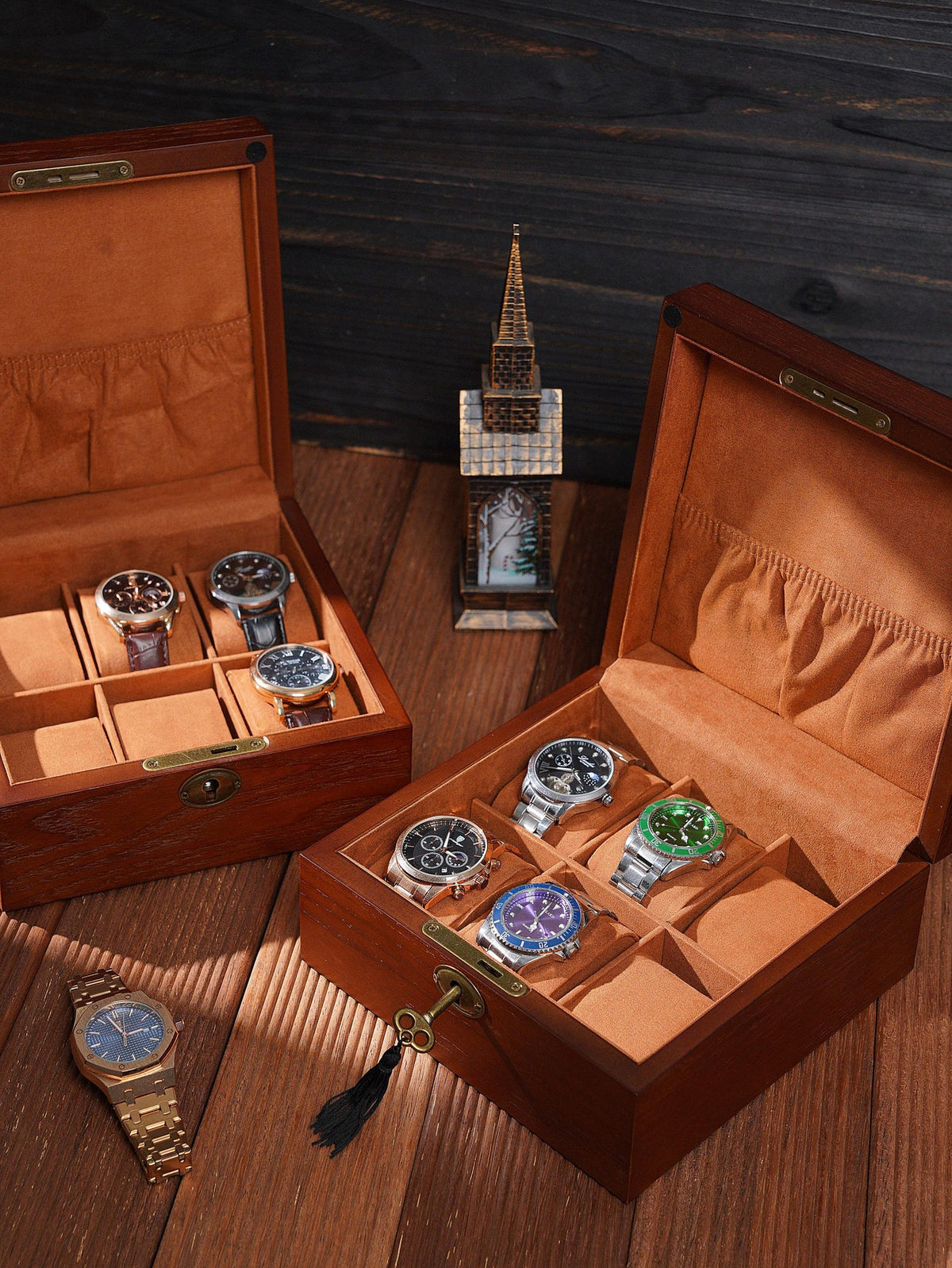 Personalized 6-Slot Wooden Watch Box with Lock & Key, Laser Engraved Watch Case, Rectangle or Square Organizer for Men