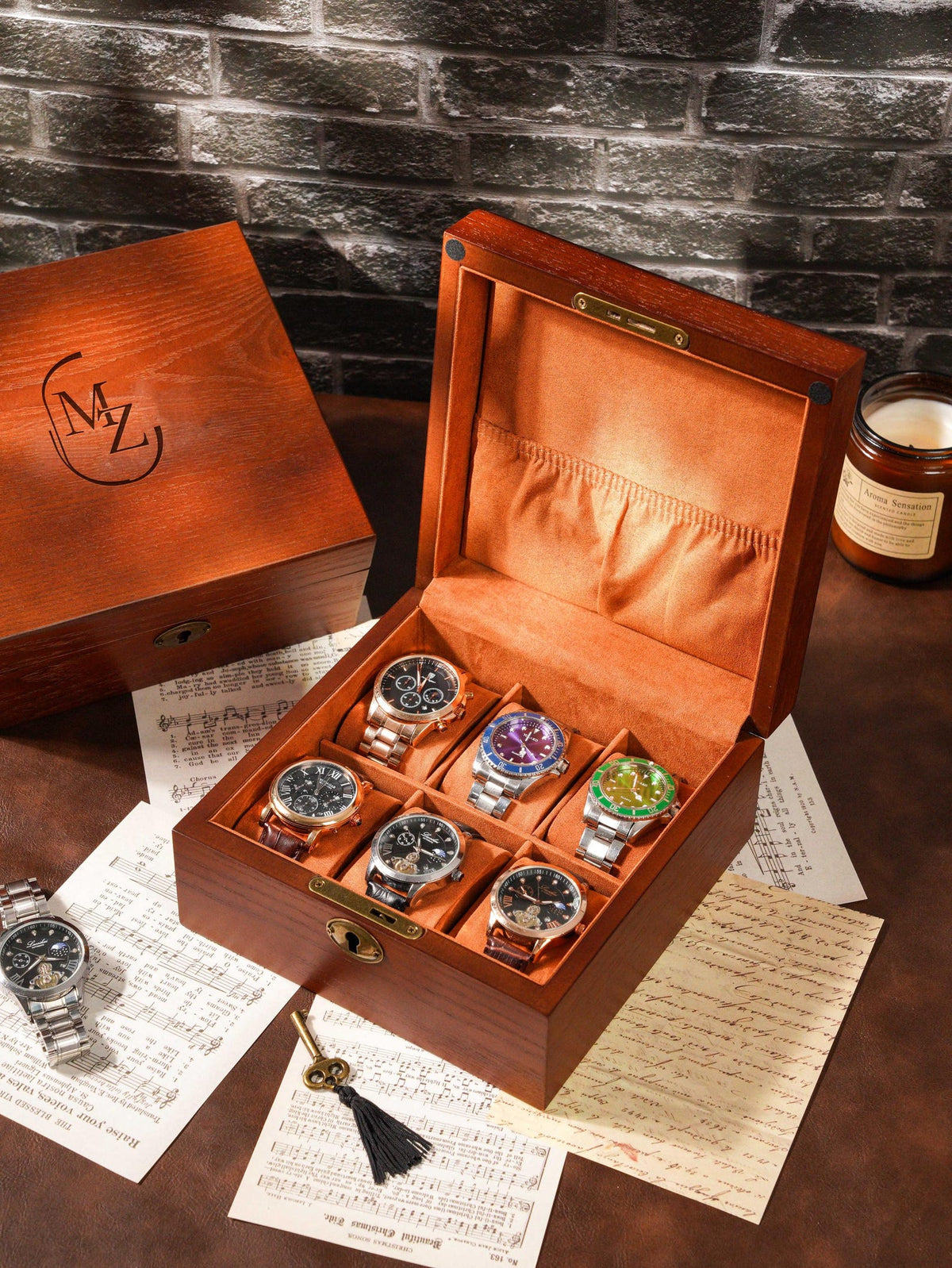 Engraved Wooden Wood Men's Watch Box with Lock & Key: Christmas Gift for him