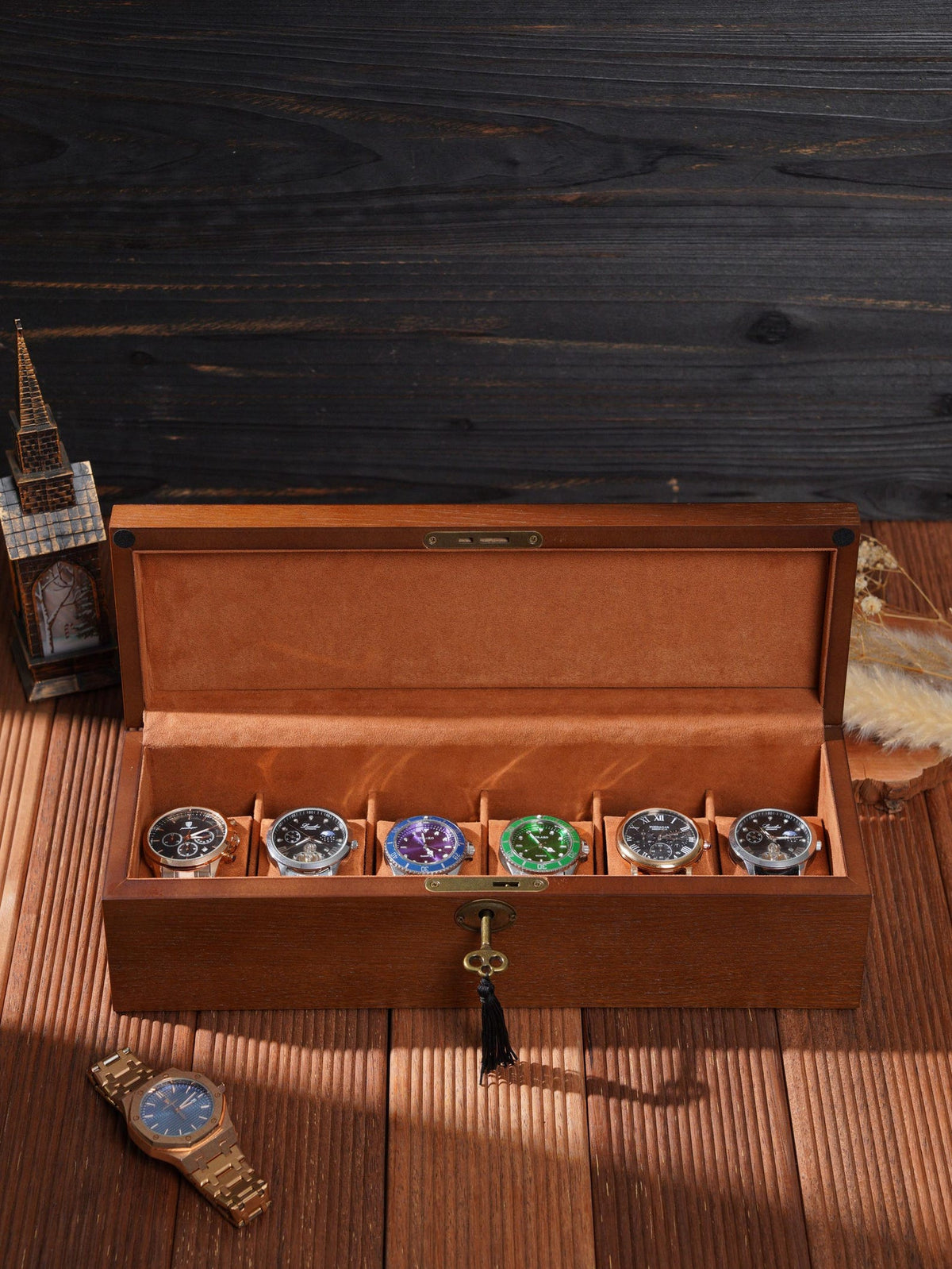 Personalized 6 Slot Wooden Watch Box, Box with Lock & Key, Engraved Gift for Watch Collector Men’s Organizer, Father's Day Gift