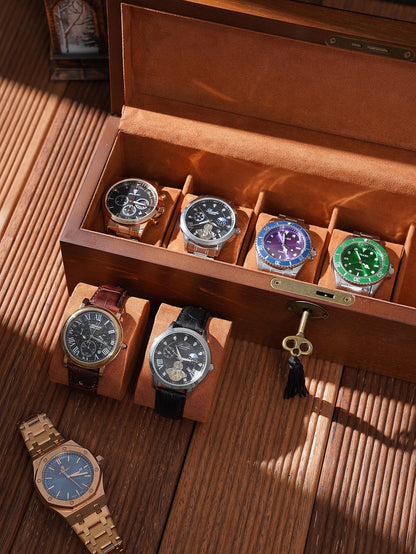 Personalized 6 Slot Wooden Watch Box, Box with Lock & Key, Engraved Gift for Watch Collector Men’s Organizer, Father's Day Gift