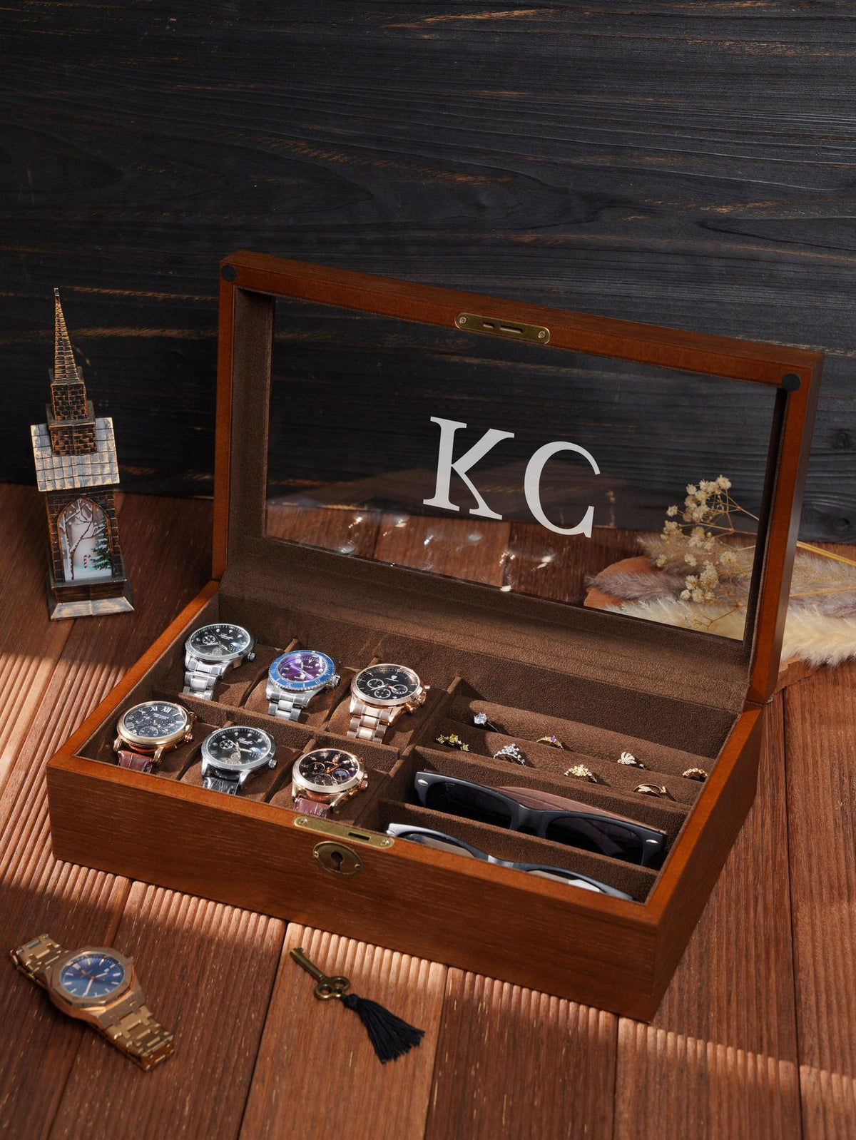 Custom Wood Watch Box, Personalized Mens Watch Box for Men,Engraved Glass Lid Case for 6 Watches, Gift for Men Father's Day Gift