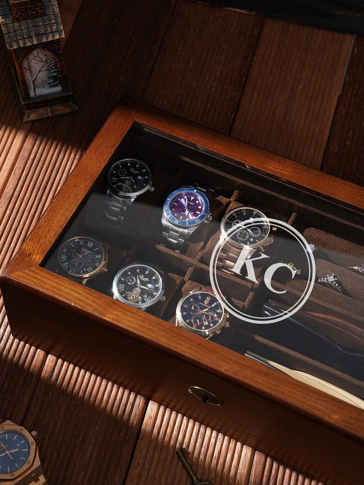Custom Wooden Watch Box for Men, Engraved Rustic Glass Lid Case for 6 Watches, Personalized Gift for Men Dad Husband Father's Day Gift