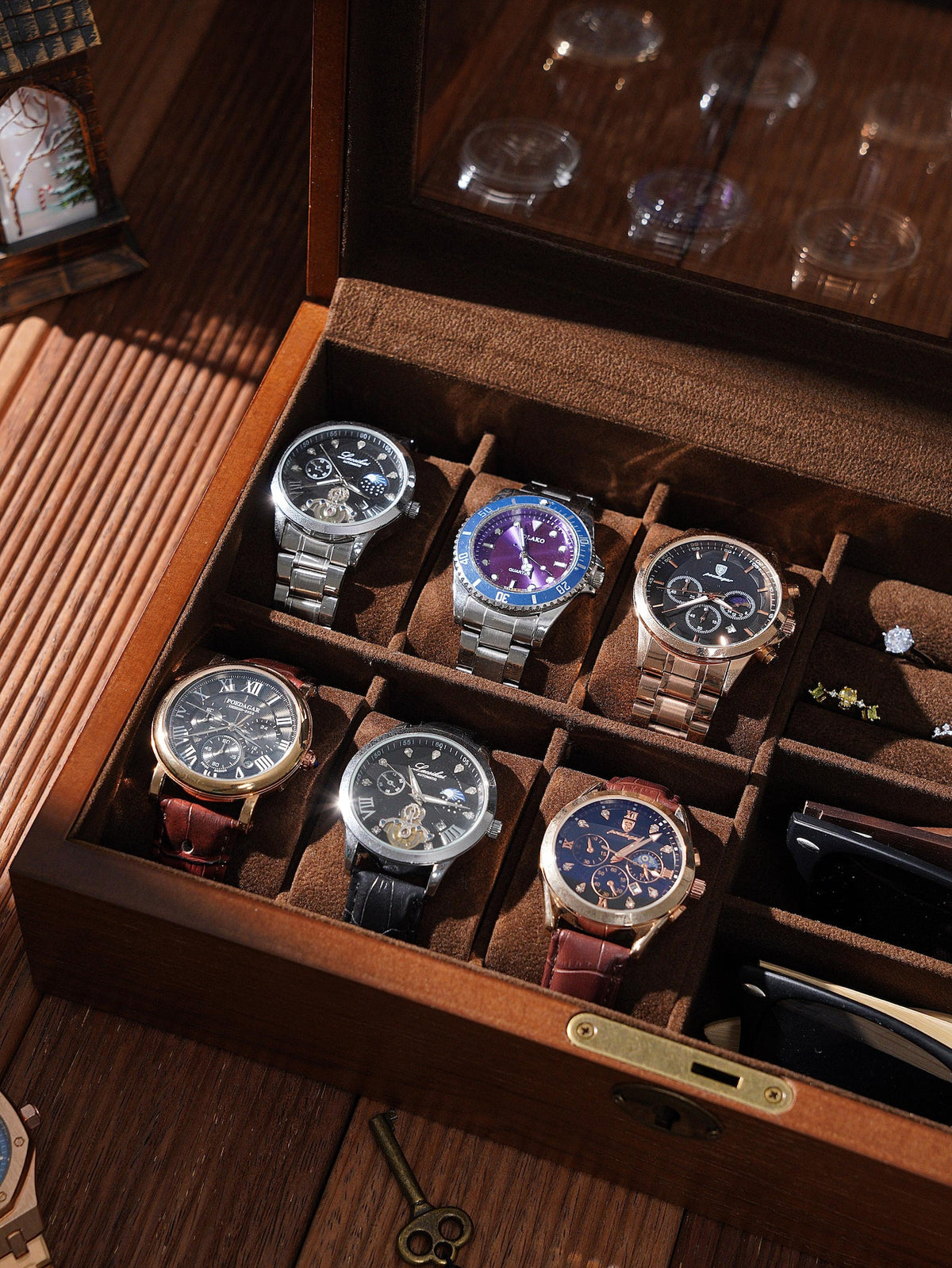 Custom Wooden Watch Box for Men, Engraved Rustic Glass Lid Case for 6 Watches, Personalized Gift for Men Dad Husband Father's Day Gift