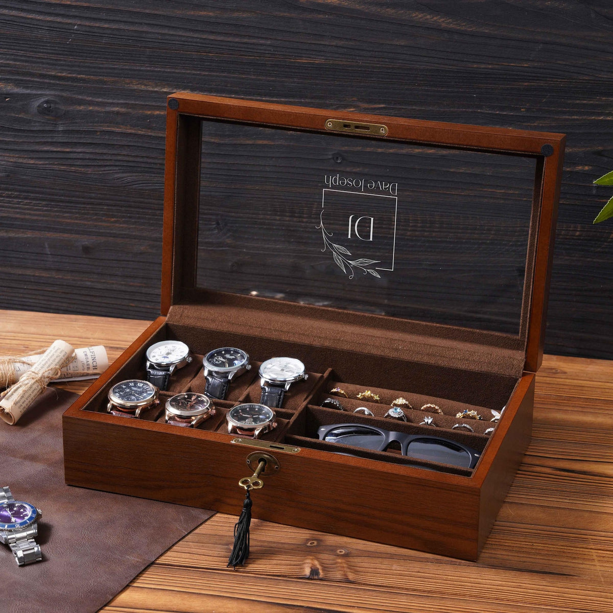 Personalized Wood Jewelry Box, Sunglasses & Watch Storage, Gift For Him