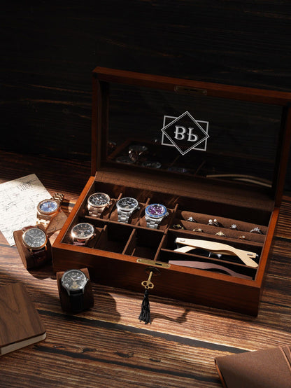 Personalized Wooden Watch Box with Glass Lid – Engraved Monogram Display Case, Luxury Organizer for Watches & Jewelry, Valentine's Day gift