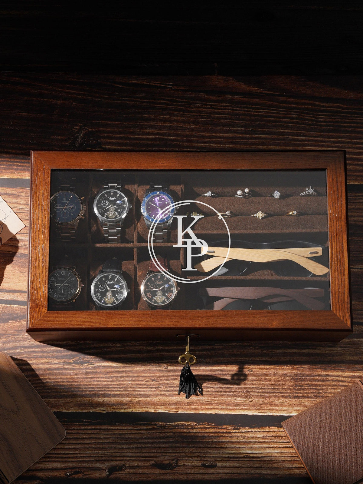 Personalized Wooden Watch Box with Glass Lid – Engraved Monogram Display Case, Luxury Organizer for Watches & Jewelry, Valentine's Day gift