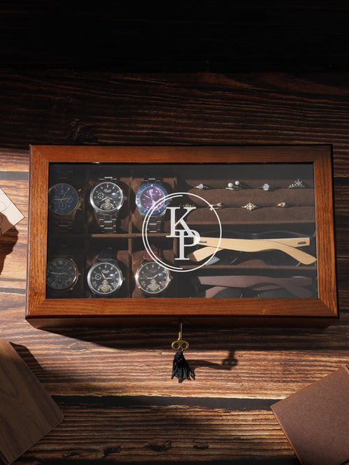 Personalized Wooden Watch Box with Glass Lid – Engraved Monogram Display Case, Luxury Organizer for Watches & Jewelry, Valentine's Day gift