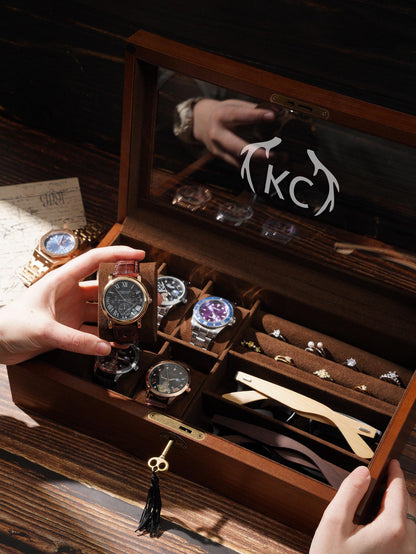 Personalized Wooden Watch Box with Glass Lid – Engraved Monogram Display Case, Luxury Organizer for Watches & Jewelry, Valentine's Day gift