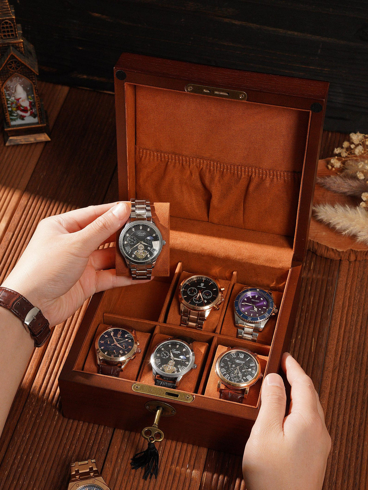 Personalized 6 Slot Wooden Watch Box, Box with Lock & Key, Engraved Gift for Watch Collector Men’s Organizer, Father's Day Gift