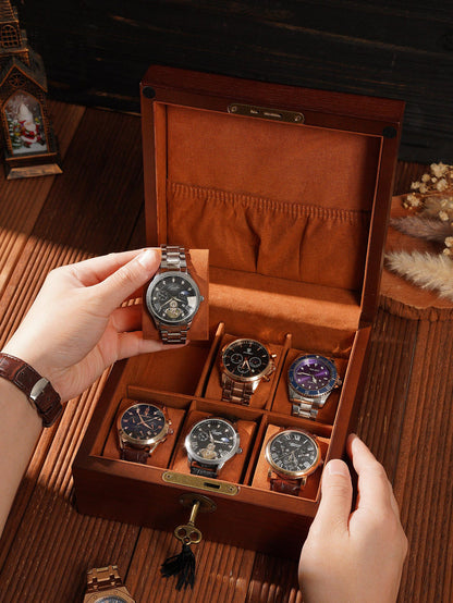 Personalized 6 Slot Wooden Watch Box, Box with Lock & Key, Engraved Gift for Watch Collector Men’s Organizer, Father's Day Gift