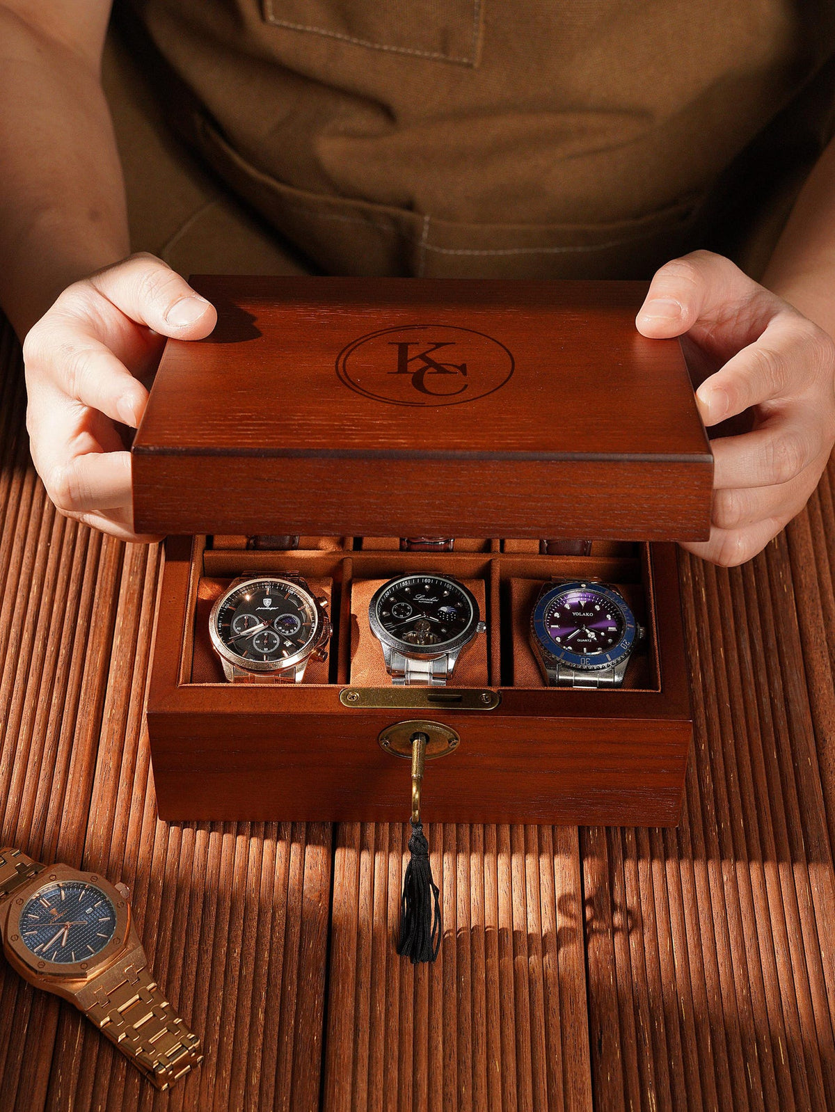 Personalized 6 Slot Wooden Watch Box, Box with Lock & Key, Engraved Gift for Watch Collector Men’s Organizer, Father's Day Gift
