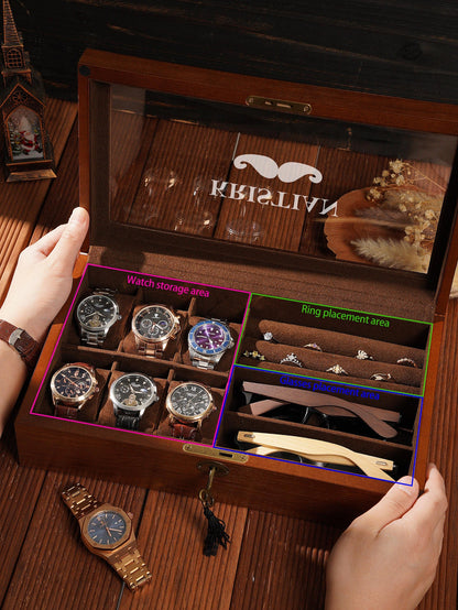 Custom Wood Watch Box, Personalized Mens Watch Box for Men,Engraved Glass Lid Case for 6 Watches, Gift for Men Father's Day Gift