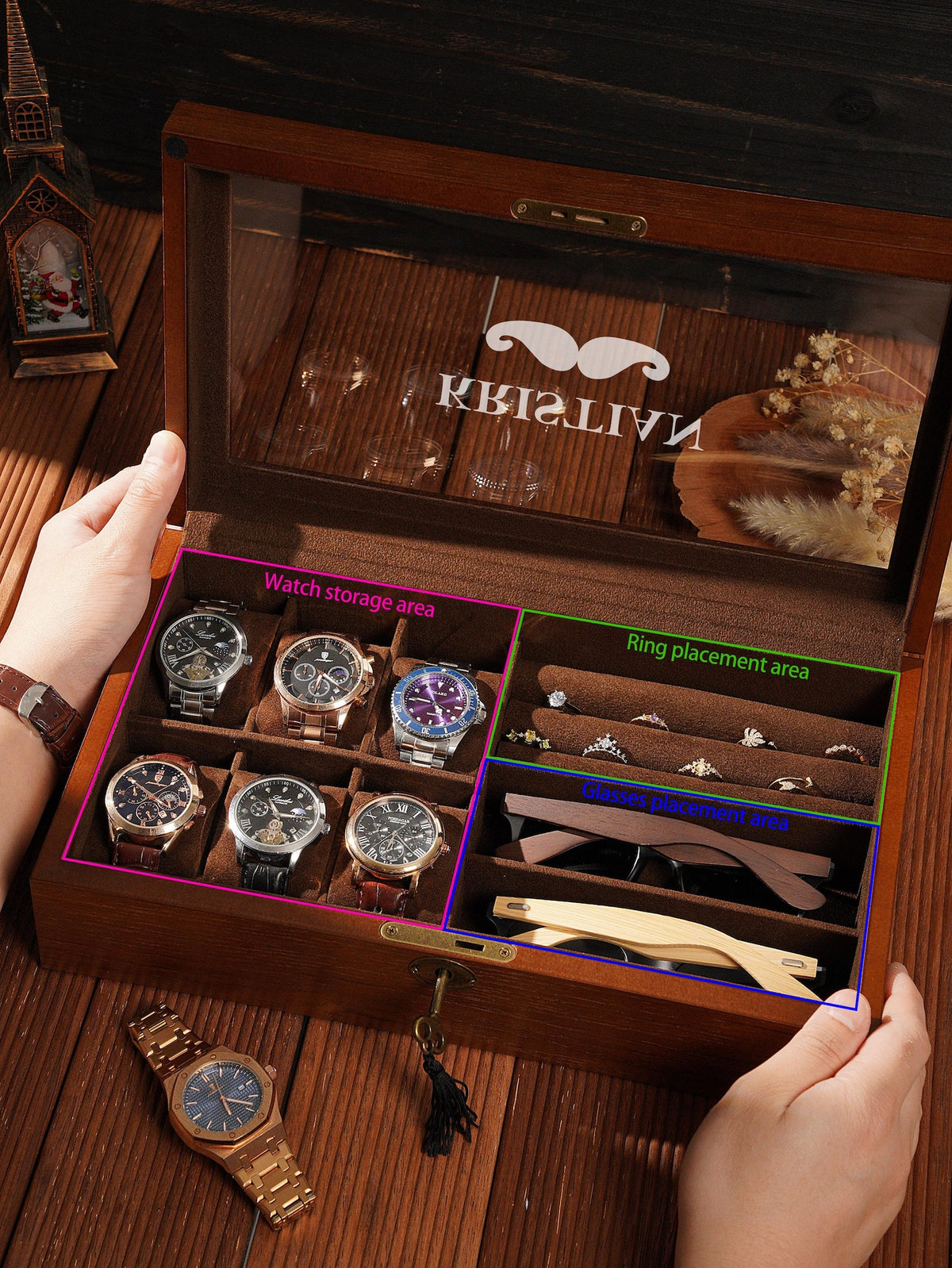 Custom Wooden Watch Box for Men, Engraved Rustic Glass Lid Case for 6 Watches, Personalized Gift for Men Dad Husband Father's Day Gift
