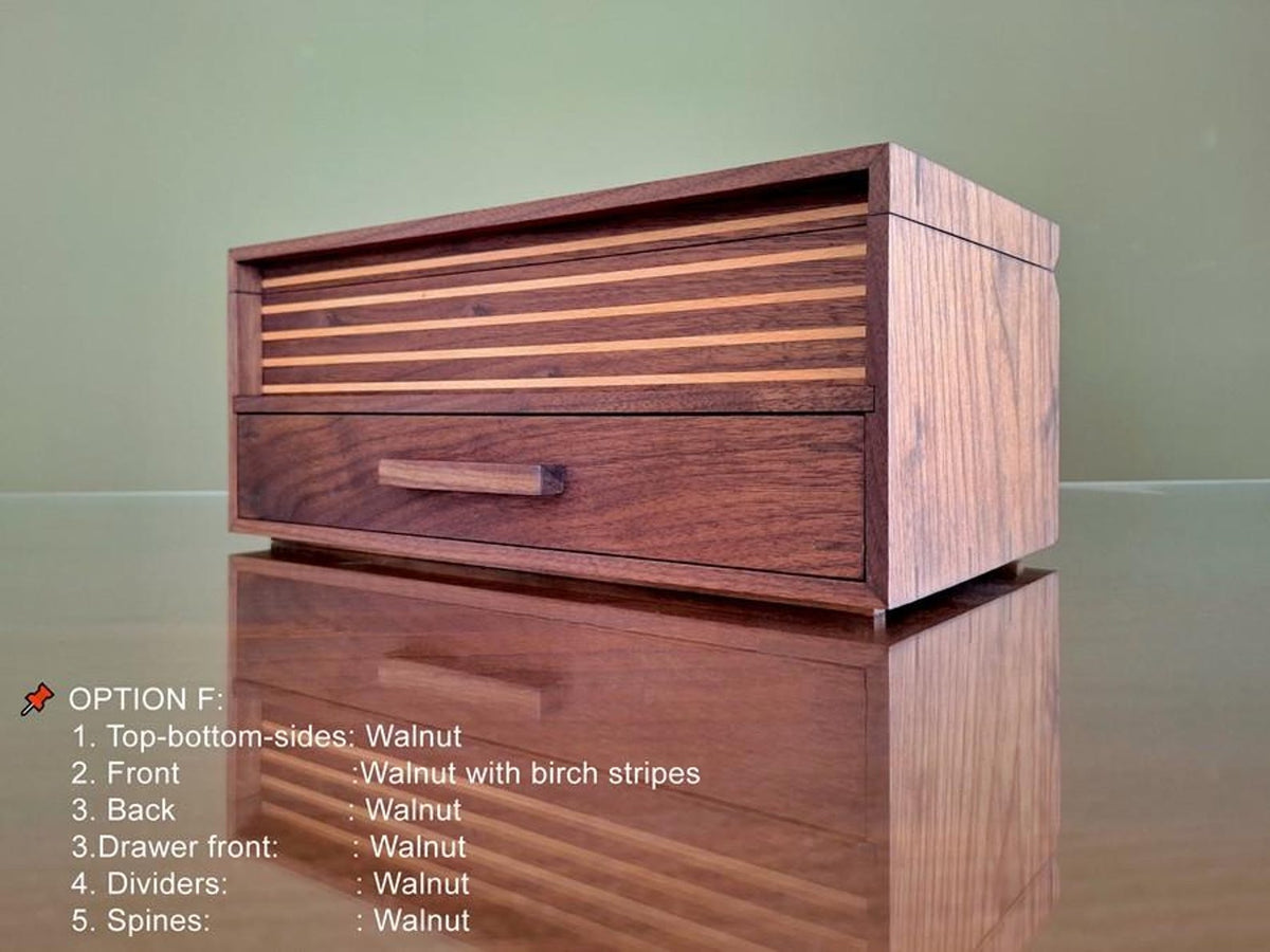 Watch Box with Drawer - Black Walnut Teak and Oak - 10 Watch Compartments - Personalized Gift