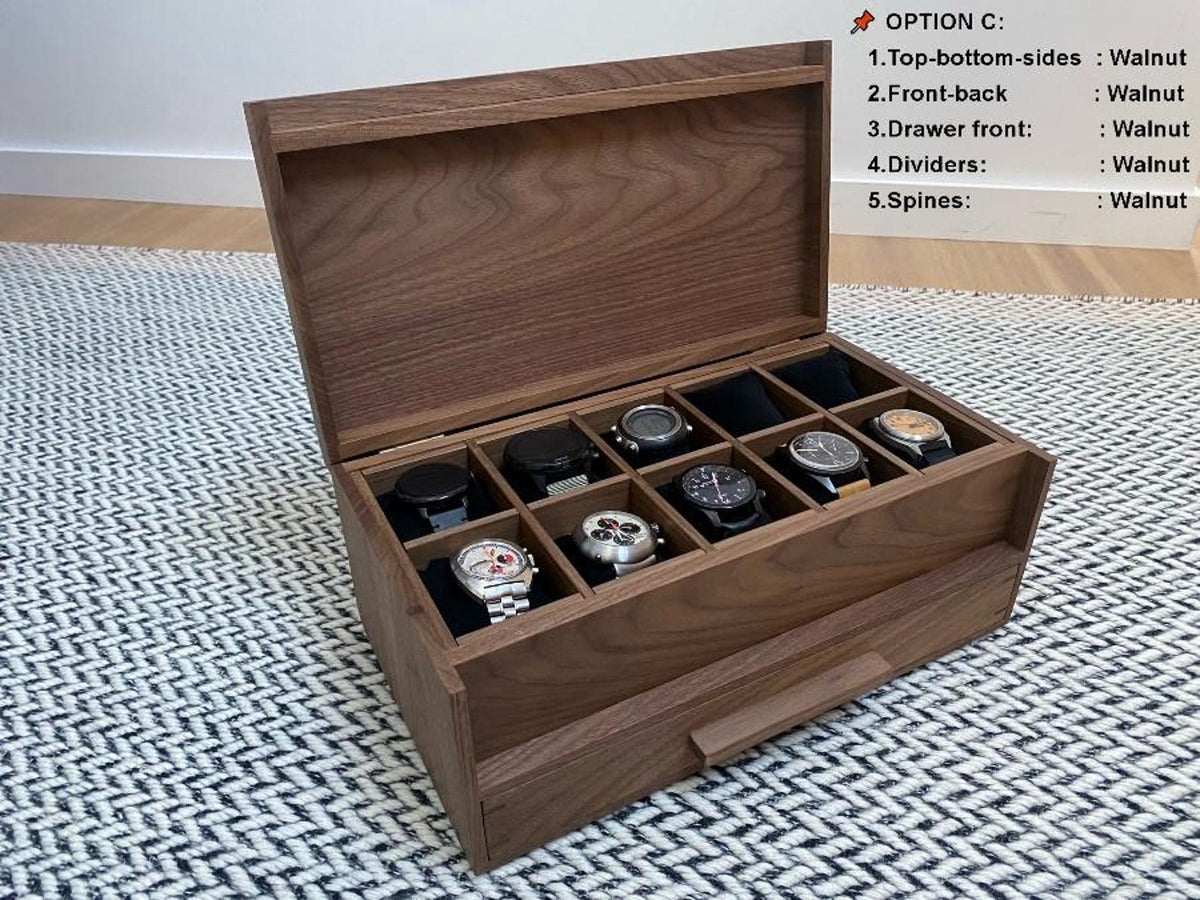 Watch Box with Drawer - Black Walnut Teak and Oak - 10 Watch Compartments - Personalized Gift