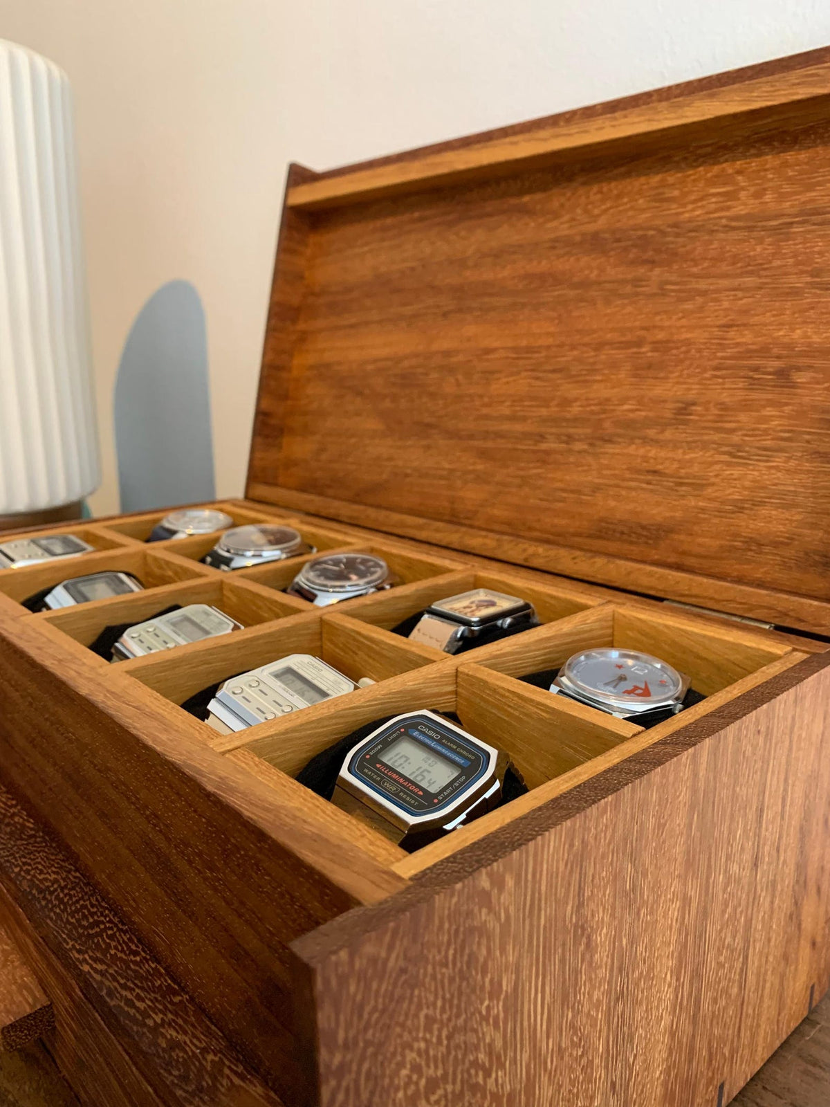 Watch Box with Drawer - Black Walnut Teak and Oak - 10 Watch Compartments - Personalized Gift