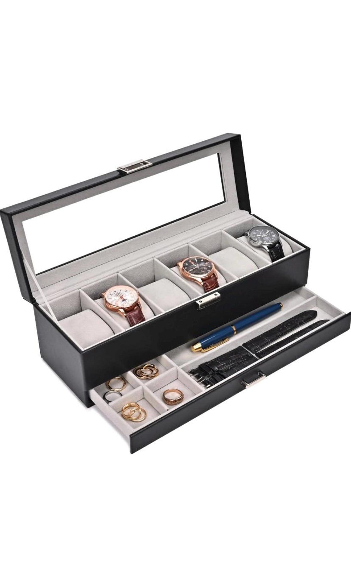 Leather Watch Box Organizer 6 Slots with Drawer | Elegant Watch Display Case Gift for Him or Her, Christmas Gift Idea