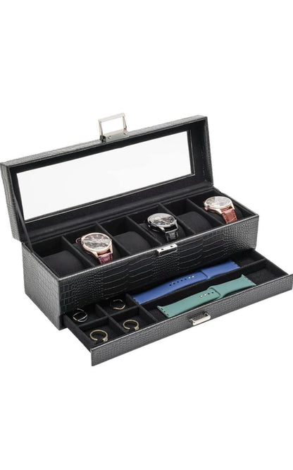 Leather Watch Box Organizer 6 Slots with Drawer | Elegant Watch Display Case Gift for Him or Her, Christmas Gift Idea