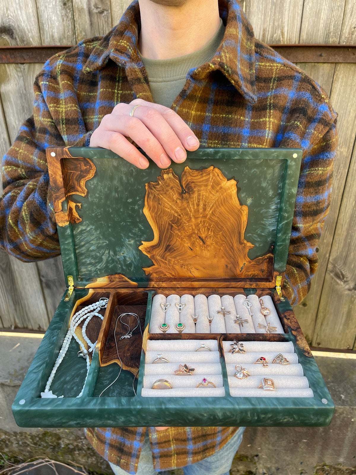 Luxury Men's Jewelry Box, Green Epoxy Resin Watch Organizer, Handmade Wooden Cufflink Storage, Gift for Dad Husband Grandpa Boss