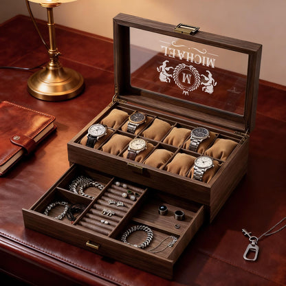 Personalized Men's Watch Box | Watch Display Case for 6 Watches | Grain Leather jewelry box | Custom Special Gift for Dad