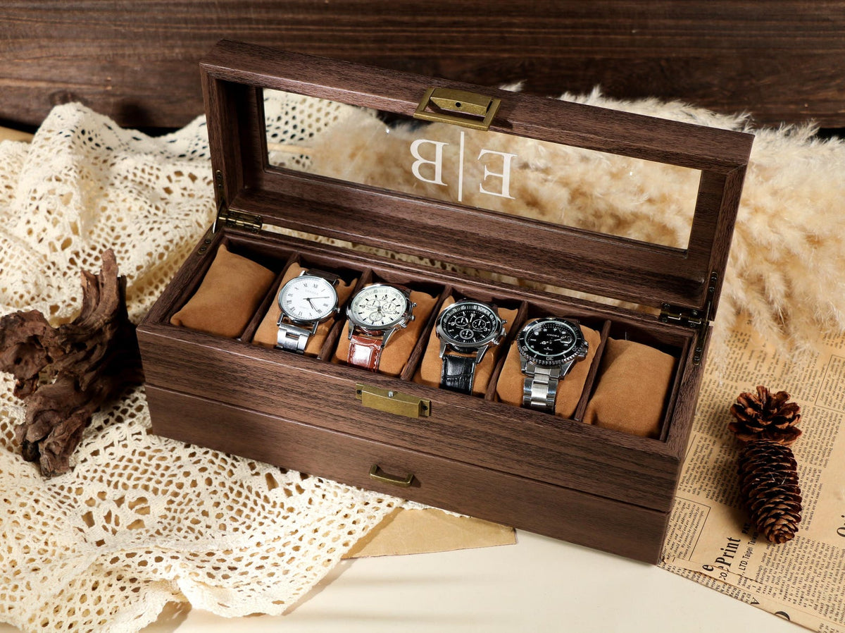 TWO Layers 6 Slots Personalized Men's Watch Box | with Drawer Watch Display Case for 6 Watches |Grain Leather watch box|Anniversary for Him
