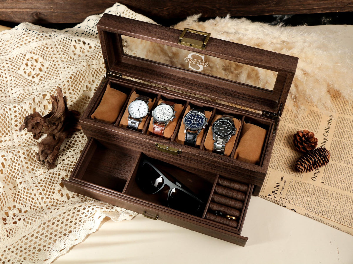 TWO Layers 6 Slots Personalized Men's Watch Box | with Drawer Watch Display Case for 6 Watches |Grain Leather watch box|Anniversary for Him