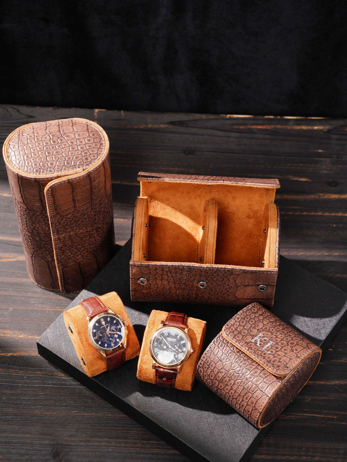 Personalized vegan leather watch box, brown roll-up watch case with vegan leather effect, Vegan Leather Watch Box, gift for men