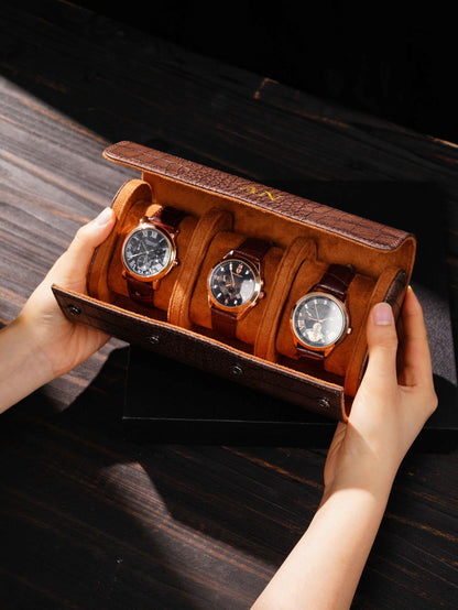 Personalized vegan leather watch box, brown roll-up watch case with vegan leather effect, Vegan Leather Watch Box, gift for men
