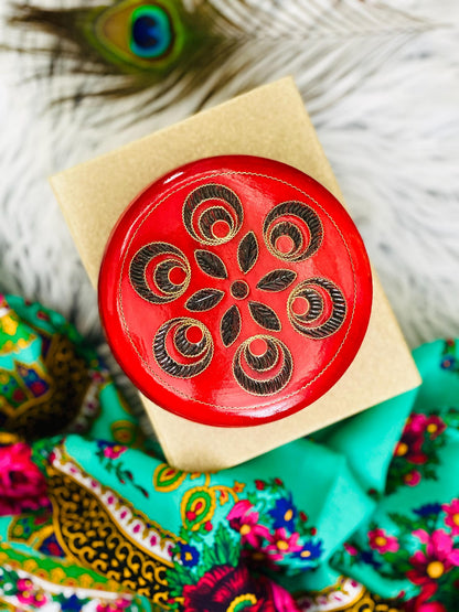 Red wooden box for jewelry and trinkets, round watch box with inlaid lid.