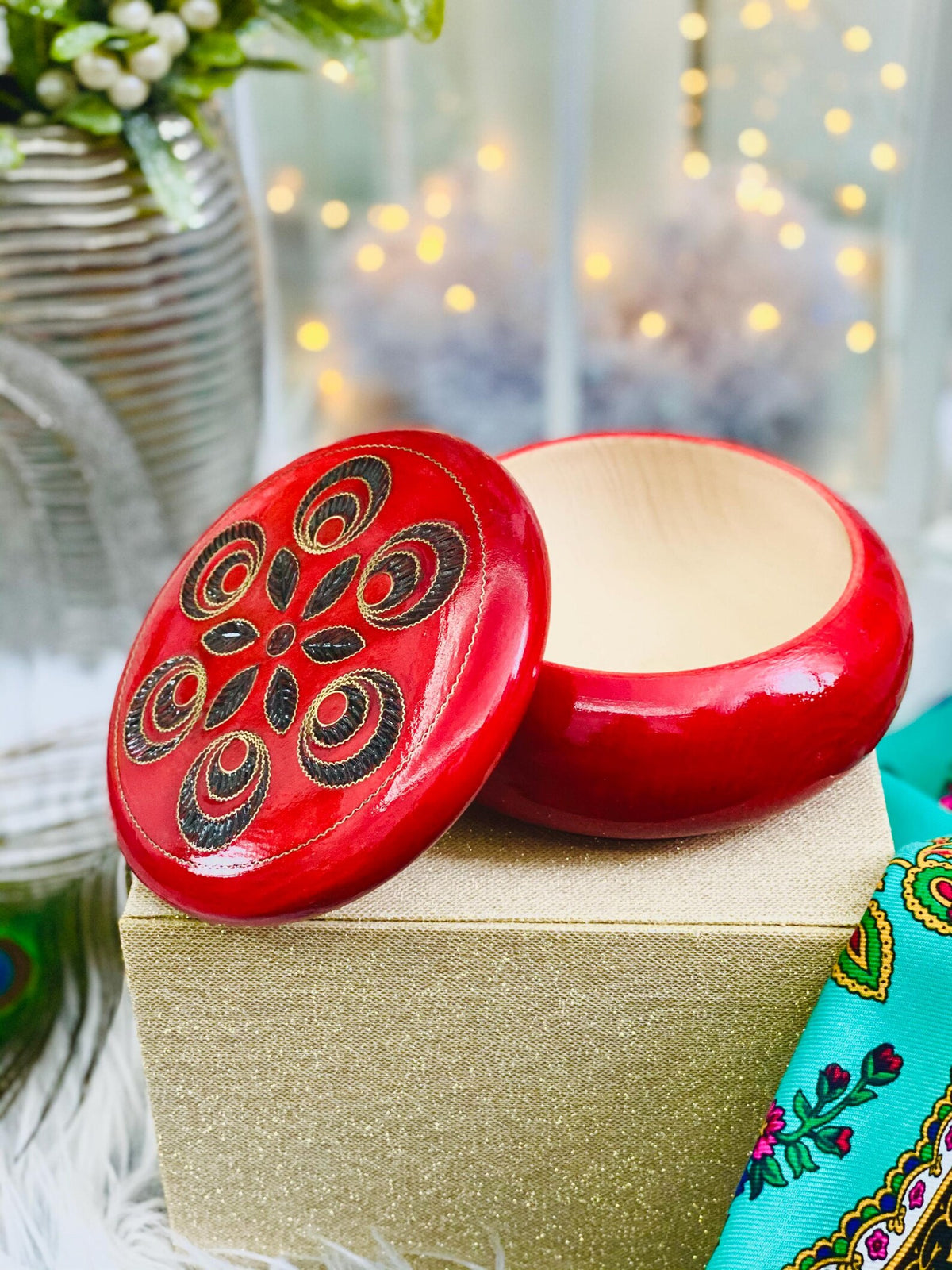 Red wooden box for jewelry and trinkets, round watch box with inlaid lid.