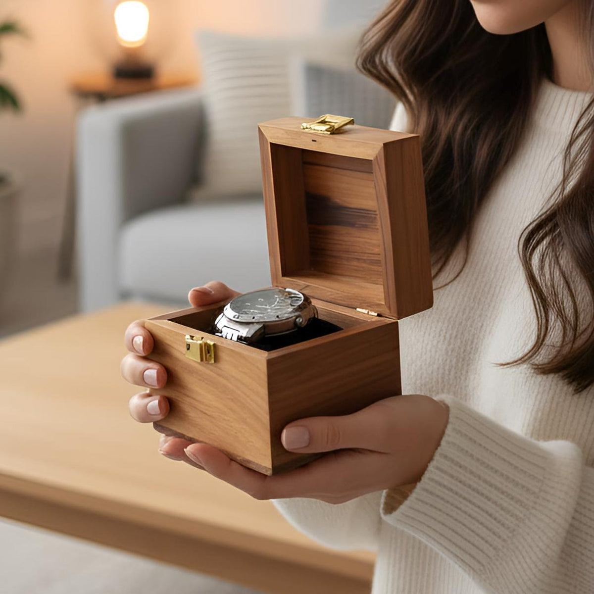 Personalized Handmade Wooden Watch Box with Single-Slot, Watch Display Case, Watch Storage Organizer - Teakwood with Glass Lid & Wood Lid