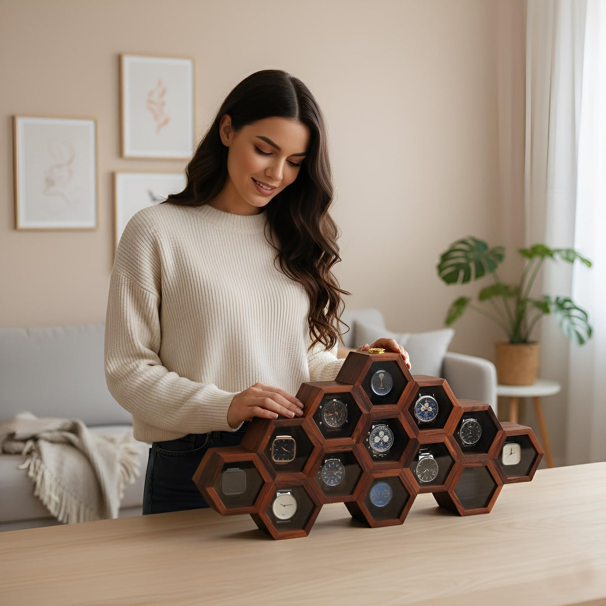 Wood Watch Box for Men, Wooden Watch Storage Organizer, Display Case, Jewelry Box for Women - Christmas Gift, 13 Slots