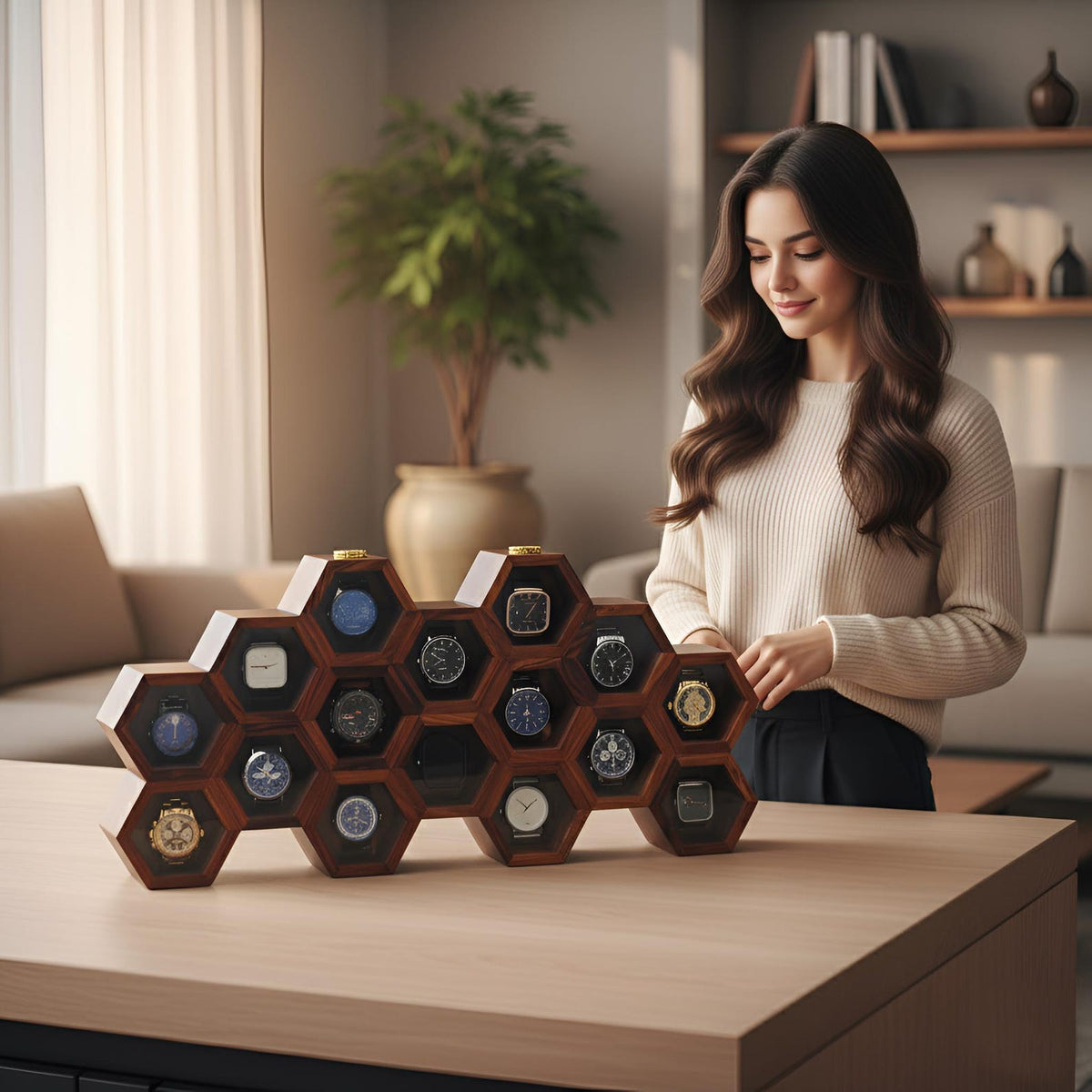 Handmade Vintage Watch Box, Wooden Watch Display Case for Men, Anniversary or Groomsmen Gift, Jewelry Box - Rosewood, Honeycomb Design