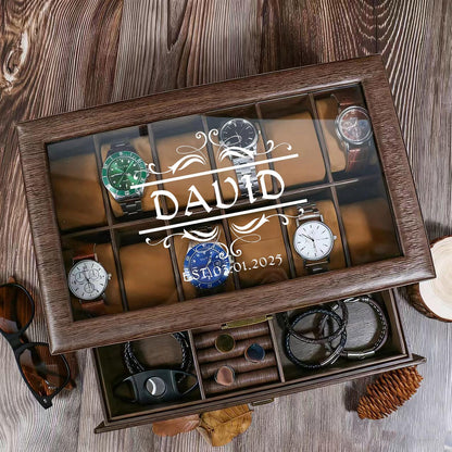 Personalized Wood Watch Box | Custom Engraved 3-6-12 Slot Watch Case | Watch Display Holder Gift for Dad Husband Birthday
