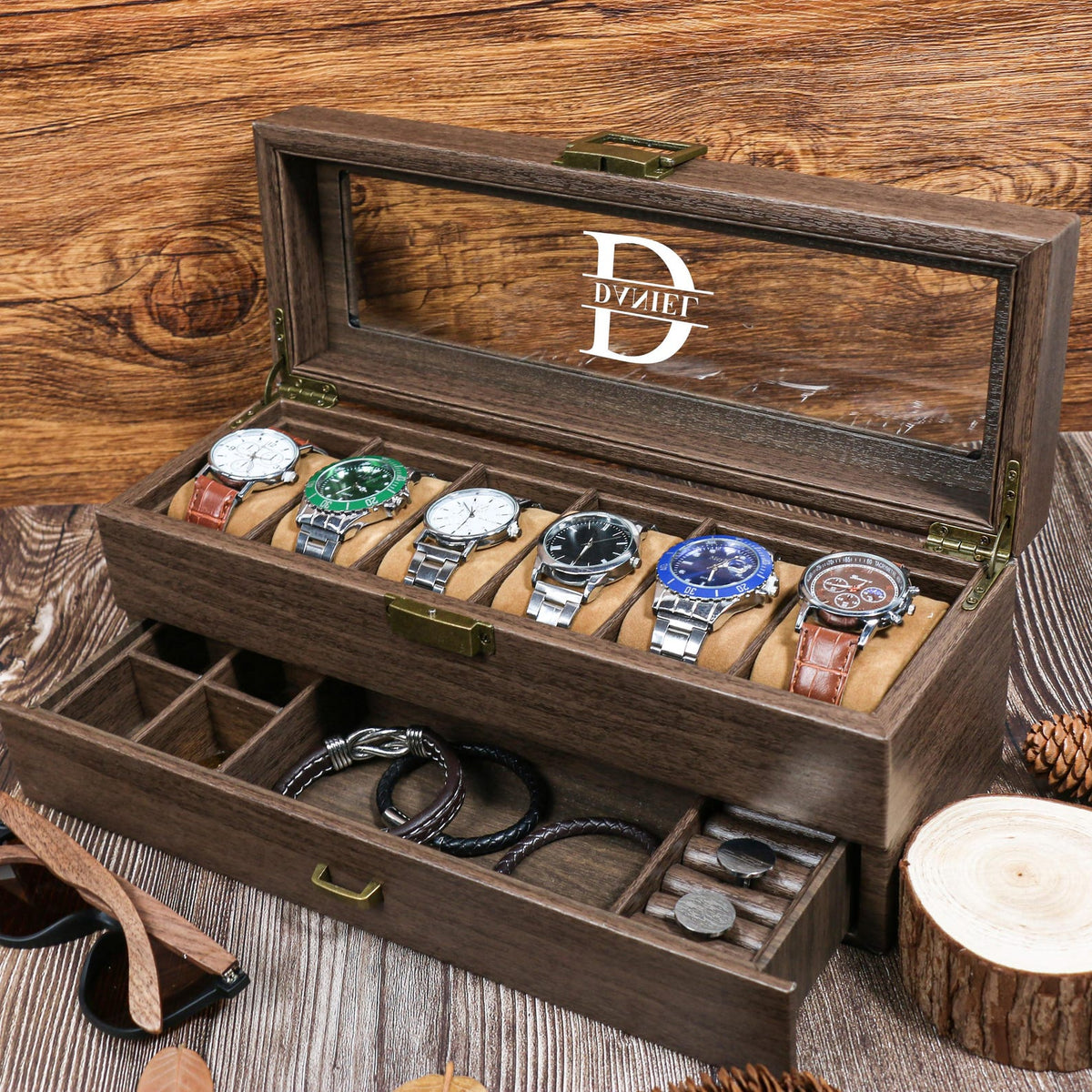 Personalized Wood Watch Box | Custom Engraved 3-6-12 Slot Watch Case | Watch Display Holder Gift for Dad Husband Birthday