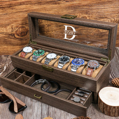 Personalized Wood Watch Box | Custom Engraved 3-6-12 Slot Watch Case | Watch Display Holder Gift for Dad Husband Birthday