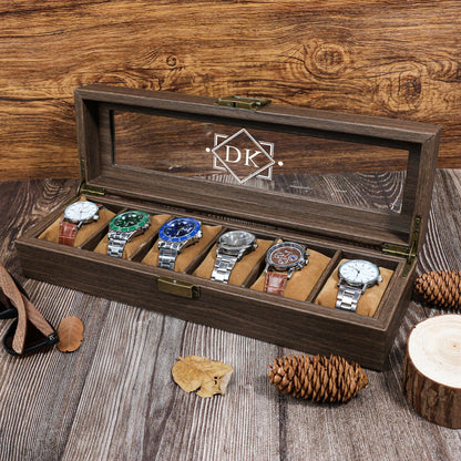 Personalized Wood Watch Box | Custom Engraved 3-6-12 Slot Watch Case | Watch Display Holder Gift for Dad Husband Birthday