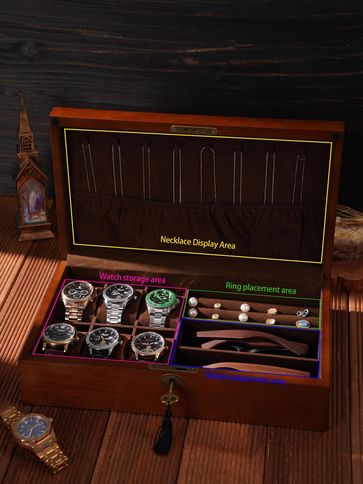 Custom Wood Watch Box, Personalized Mens Watch Box for Men,Engraved Glass Lid Case for 6 Watches, Gift for Men Father's Day Gift