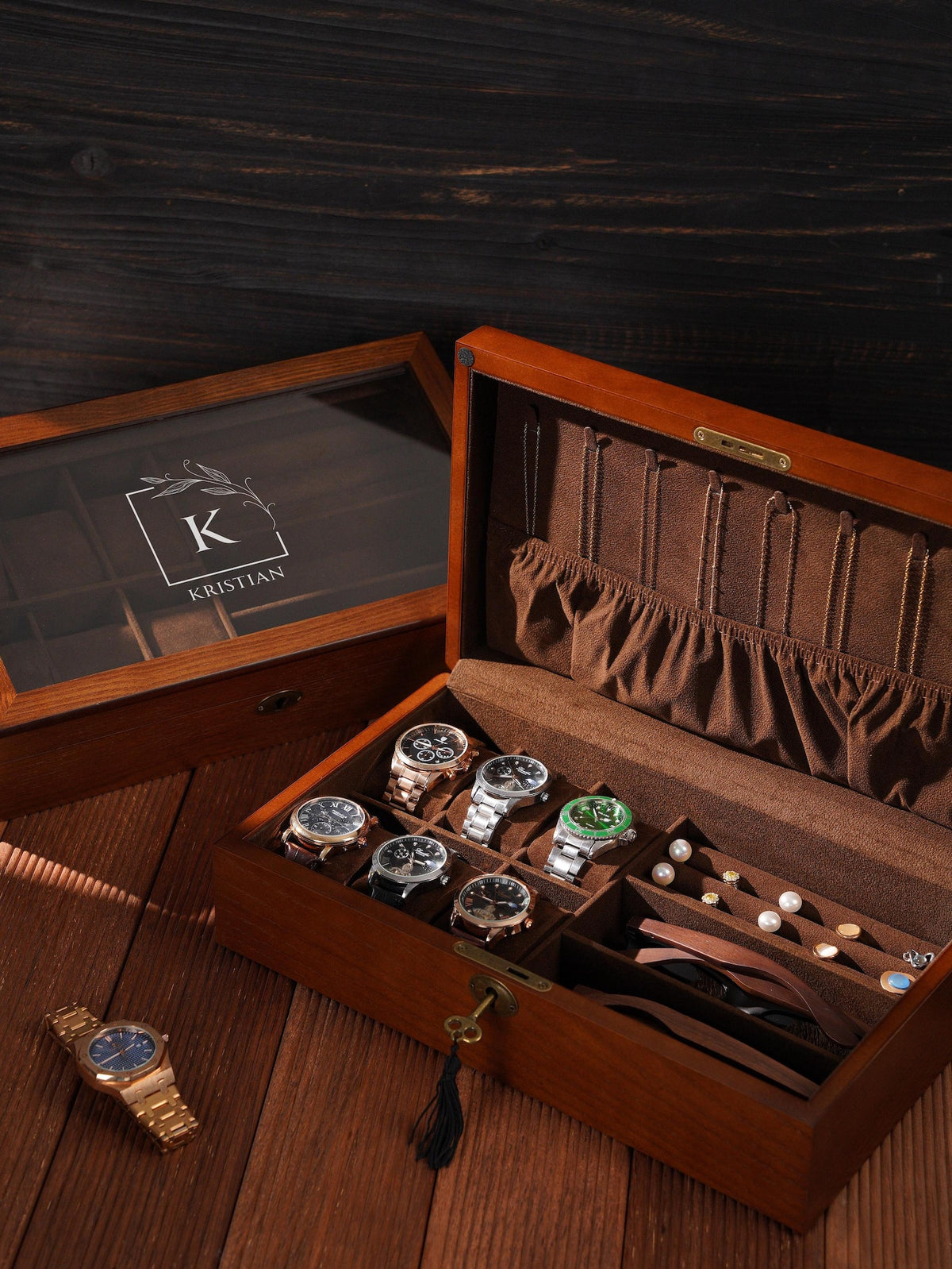 Custom Wooden Watch Box for Men, Engraved Rustic Glass Lid Case for 6 Watches, Personalized Gift for Men Dad Husband Father's Day Gift