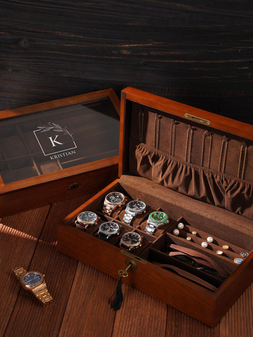 Custom Wood Watch Box, Personalized Mens Watch Box for Men,Engraved Glass Lid Case for 6 Watches, Gift for Men Father's Day Gift