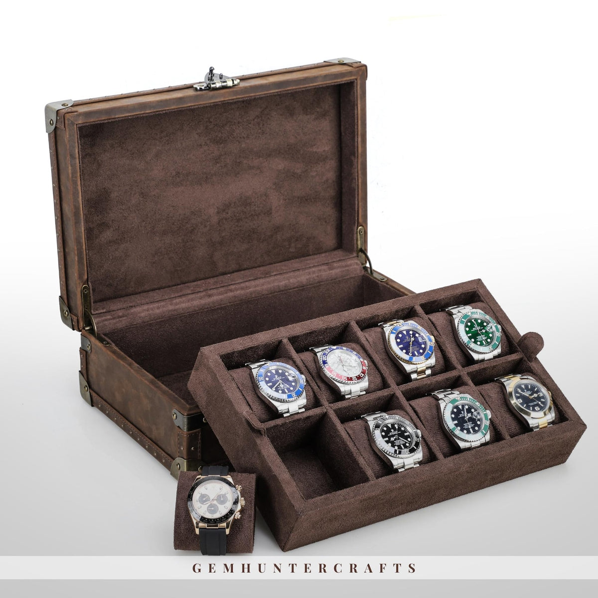 Handmade Crazy Horse Leather Watch Box – 8 Slot, Travel Storage Case