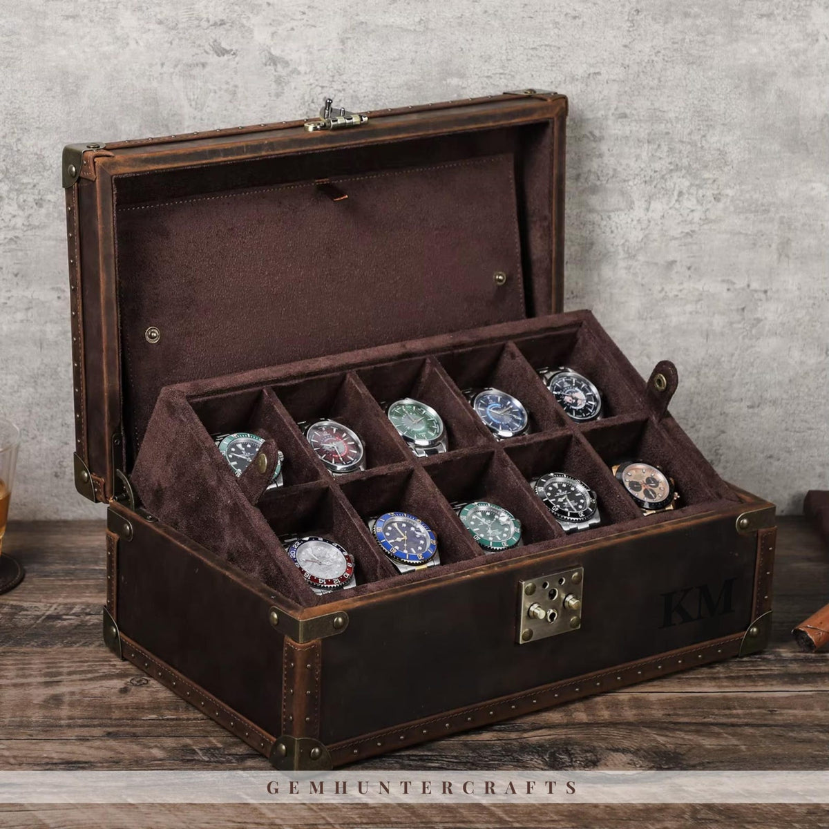 Handmade Leather 10-Slot Watch Box – Full Grain Travel Organizer