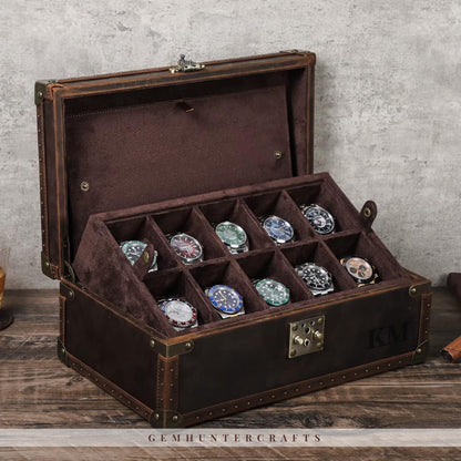 Handmade Leather 10-Slot Watch Box – Full Grain Travel Organizer