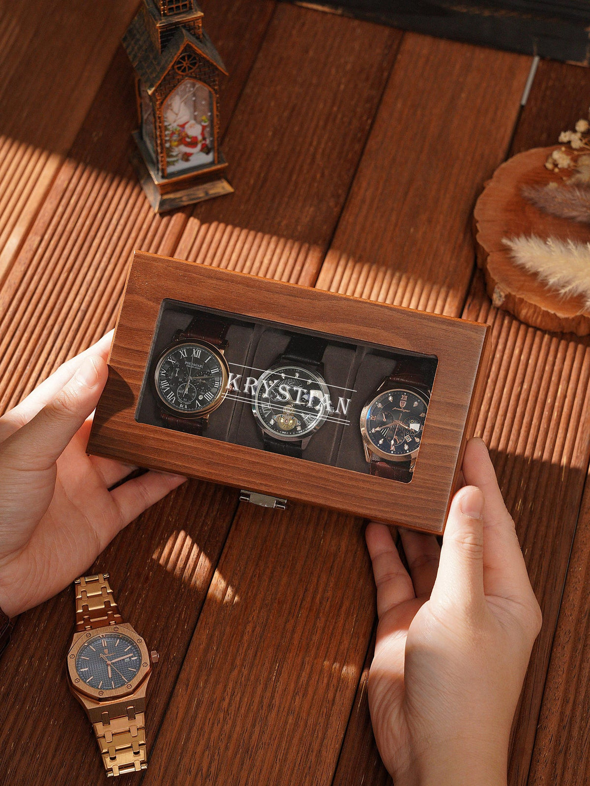 Personalized Walnut Watch Box for Men, 3 or 6 Slot Wooden Watch Organizer with Glass Top, Engraved Gift for Husband Dad