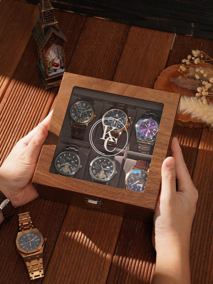 Personalized Watch box, Custom Engraved Watch Box, 6 slot, wooden watch case, glass top box, gift for him,Father's Day Gift For Daddy